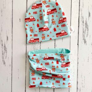 Tűzoltóautós sapka-sál szett (48-50 cm)