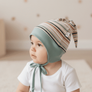 Csíkos pasztellzölddel fülvédős sapka (41-43 cm)