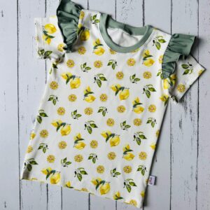Citromos vállfodros póló 116-os