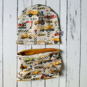 Markolók és traktorok sapka-sál szett (50-52 cm)